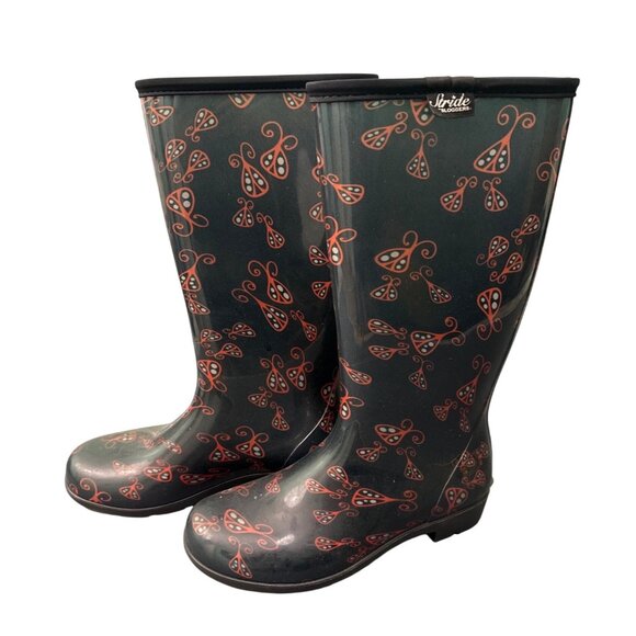 Stride Sloggers Womens Rubber Rain Boots With Red & Black Paisley Print Size 9 - Picture 1 of 7